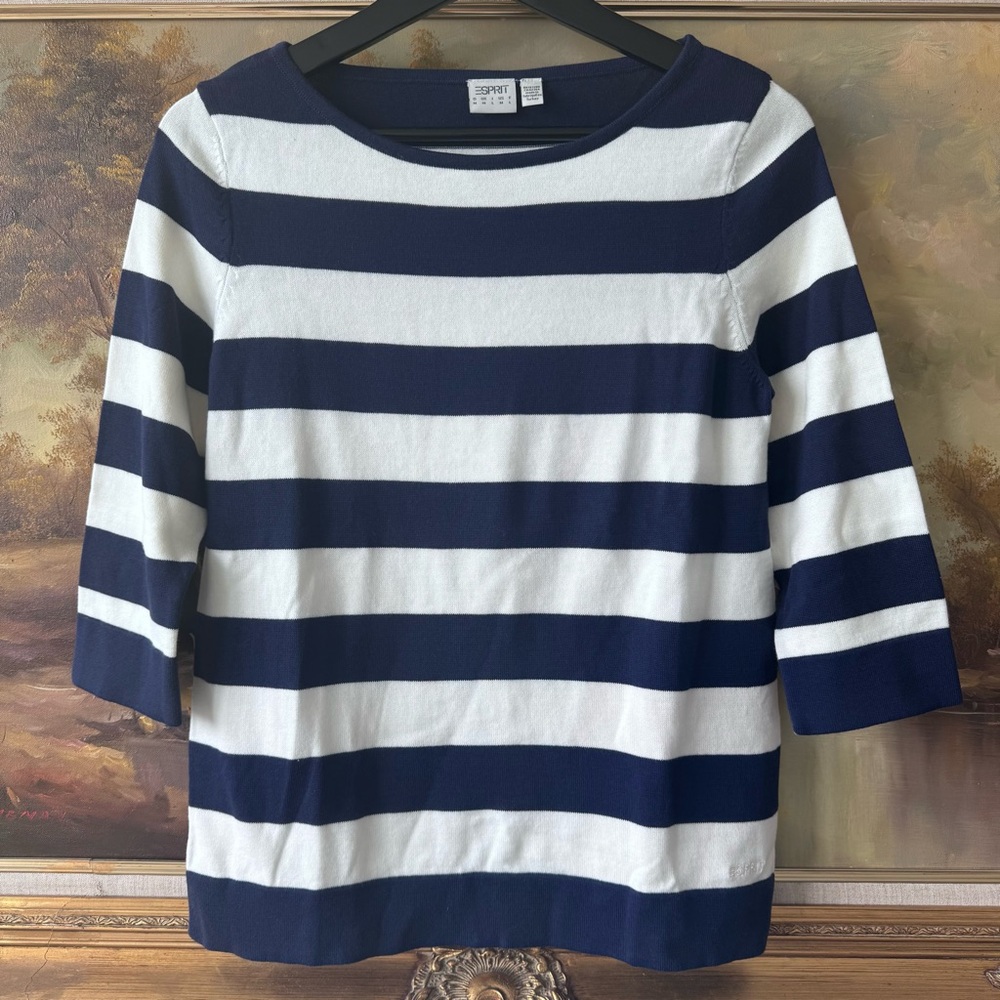 Esprit Navy and White Striped Knit Top Boatneck 3/4 Sleeve Cotton Sweater Medium